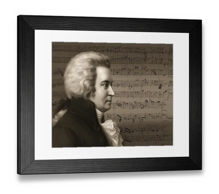 Framed Print : Wolfgang Amadeus Mozart, 1756 - 1791, composer of classical music, First Viennese School, notesheet from Minuet No. 2 for orchestra, KV 164, 1772, digitally edited