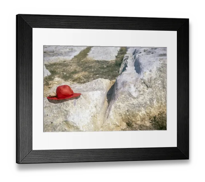 Framed Print : Prehistoric cart tracks crossing carboniferous limestone pavement, Malta, Europe 1971 red hat used for scale, Europe
