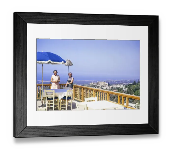 Framed Print : Two women standing on restaurant terrace view over Bellapais Abbey, Kyrenia or Girne, Northern Cyprus, Cyprus, Europe 1973, Europe Framed Print : Two women standing on restaurant terrace view over Bellapais Abbey, Kyrenia or Girne, Northern Cyprus, Cyprus, Europe 1973, Europe