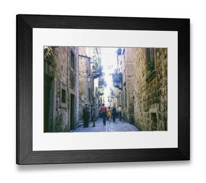 Framed Print : People walking along narrow street in old town of Dubrovnik, Croatia, former Yugoslavia, Europe 1970, Europe