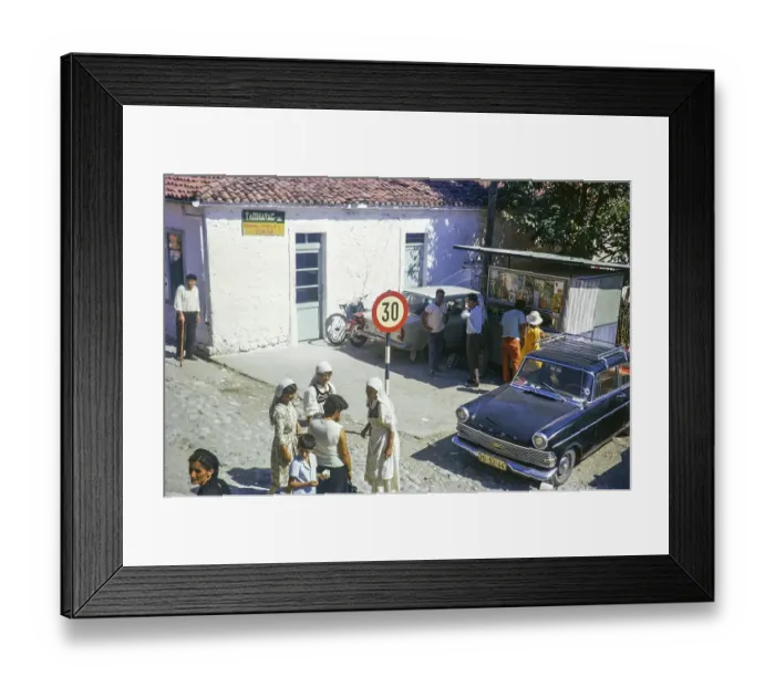Framed Print : People women wearing traditional clothing street of Stari Bar, Montenegro, former Yugoslavia, Europe 1970 - Opel Rekord Olympia car, Europe