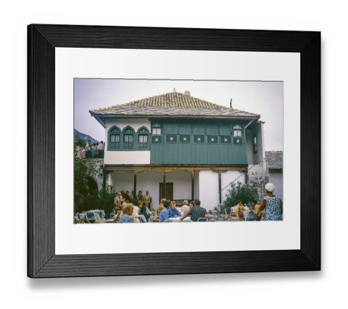 Framed Print : People sitting at cafe tables at Bey or Bey's House, Trebinje, Bosnia and Herzegovina, former Yugoslavia, Europe 1970, Europe