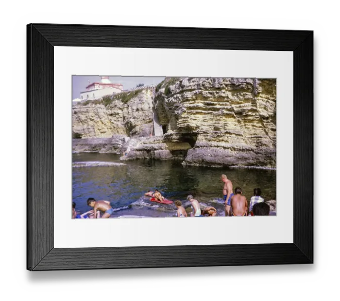 Framed Print : People sunbathing on rocky coastal ledge by Mediterranean Sea, Syracuse, Sicily, Italy, Europe 1969, Europe