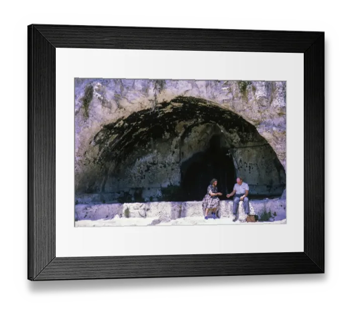 Framed Print : People sitting in rock cut niche at fifth century BC, Greek Theatre at Syracuse, Sicily, Italy, Europe 1969, Europe