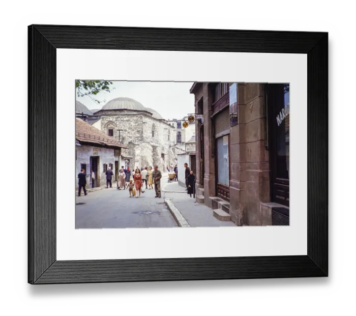 Framed Print : People walking along street of shops, next to domes of Brusa Bezistan museum, Sarajevo, Bosnia and Herzegovina, former Yugoslavia, Europe 1960, Europe