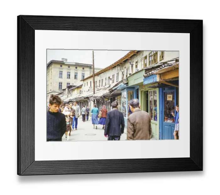 Framed Print : People walking along street of small shops, Sarajevo, Bosnia and Herzegovina, former Yugoslavia, Europe 1960, Europe
