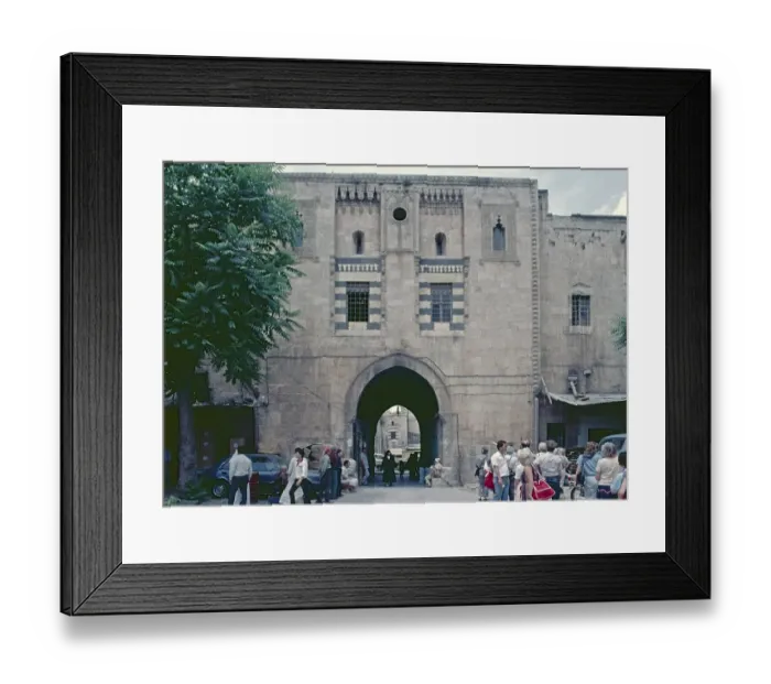 Framed Print : Back, entrance portal, Khan al-Wazir Historical Trade Centre, Aleppo, Syria, May 1987, vintage, retro, old, historical, Asia Framed Print : Back, entrance portal, Khan al-Wazir Historical Trade Centre, Aleppo, Syria, May 1987, vintage, retro, old, historical, Asia