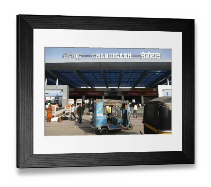 Framed Print : Blue auto rickshaw stand in front of Chandigarh railway station built in 1954, India Union Territory Framed Print : Blue auto rickshaw stand in front of Chandigarh railway station built in 1954, India Union Territory