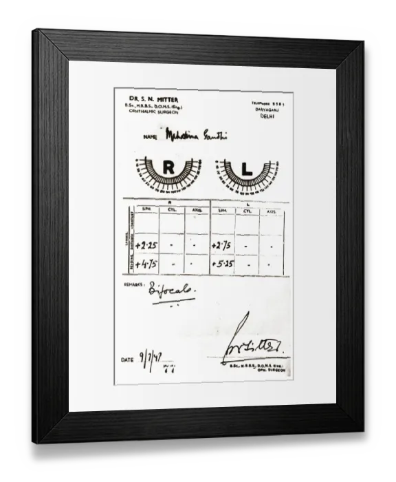 Framed Print : Mahatma Gandhi eye test report, Delhi, India, Asia, July 9, 1947, Asia