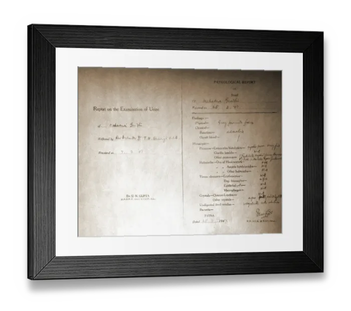 Framed Print : Mahatma Gandhi stool and urine test report, Patna, Bihar, India, 1947, Asia