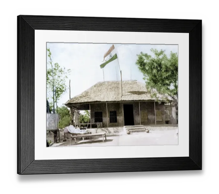Framed Print : Mahatma Gandhi sitting in front of his hut, Assam, India, Asia, December 1946, Asia