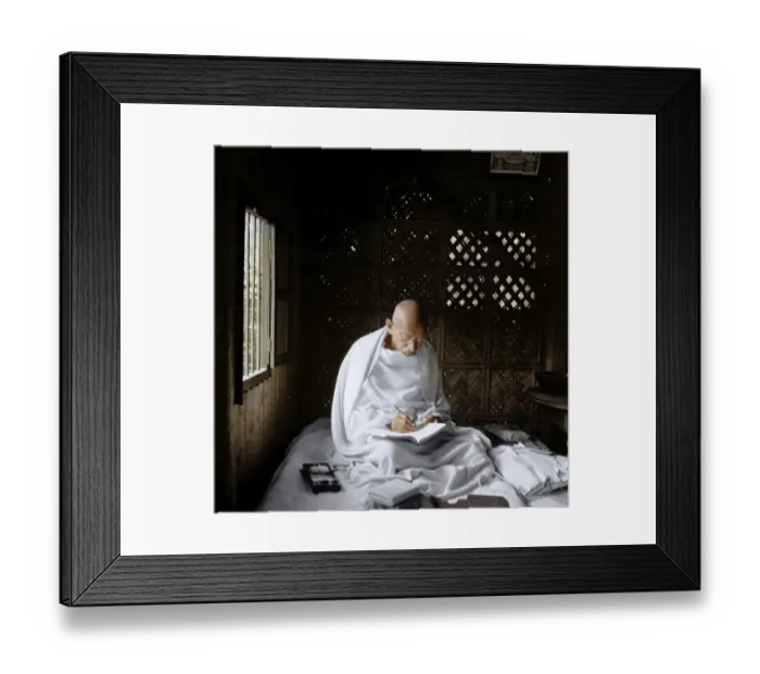 Framed Print : Mahatma Gandhi sitting and writing in his hut, Bangladesh, Asia, November 1946, Asia