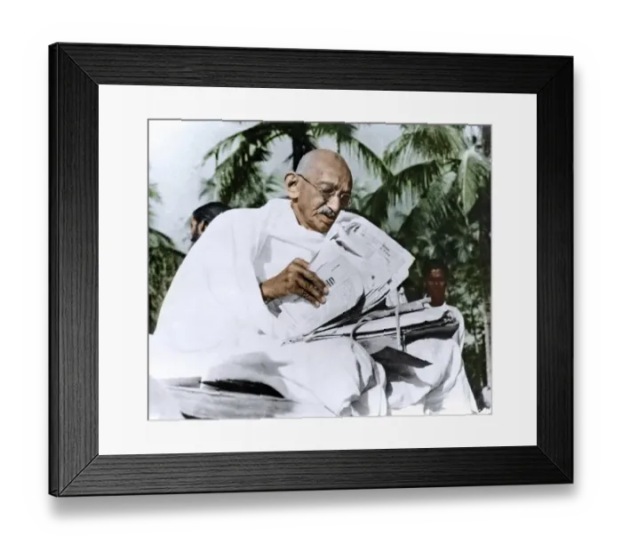 Framed Print : Mahatma Gandhi reading papers during visit to Noakhali, Bangladesh, Asia, November 1946, Asia