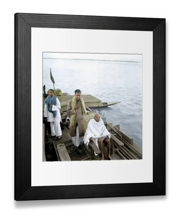 Framed Print : Sudhir Ghosh, Ramkrishna Bajaj, Mahatma Gandhi on boat to Midnapur, East Bengal, India, Asia, December 24, 1945, Asia