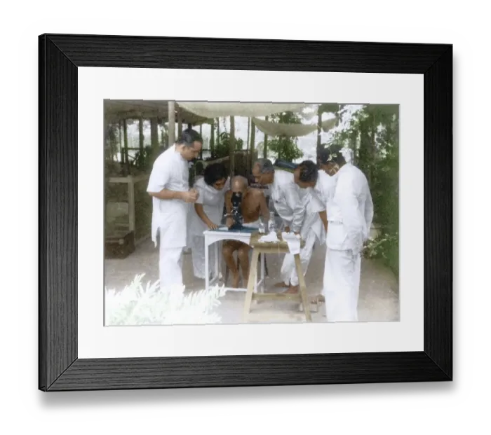Framed Print : Dr Gajjar showing Mahatma Gandhi hookworm ova under microscope, Mumbai, India, Asia, May 1944, Asia