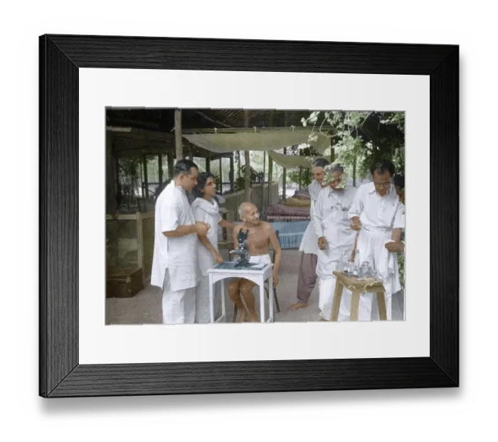 Framed Print : Dr Gajjar showing Mahatma Gandhi hookworm ova under microscope, Mumbai, India, Asia, May 1944, Asia