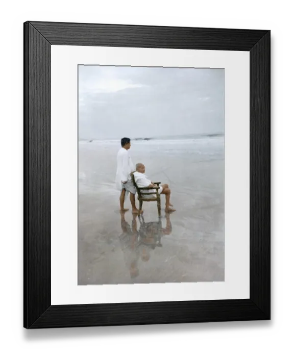 Framed Print : Mahatma Gandhi sitting on chair and Devdas Gandhi on Juhu Beach, Mumbai, Maharashtra, India, Asia, May 1944, Asia