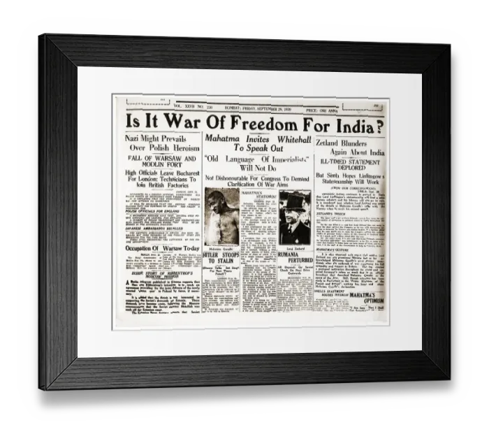 Framed Print : Front page of Bombay newspaper about Mahatma Gandhi, Bombay, India, Asia, September 29, 1939, Asia