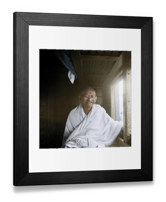 Framed Print : Mahatma Gandhi laughing in train compartment way to Allahabad, Uttar pradesh, India, Asia, November 18, 1939, Asia