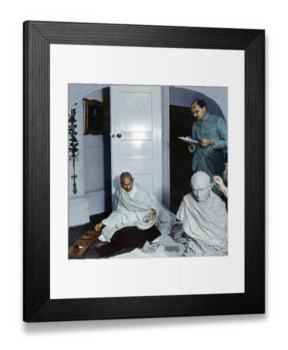 Framed Print : Mahatma Gandhi spinning and talking to Mahadev Desai, October 22, 1931 Framed Print : Mahatma Gandhi spinning and talking to Mahadev Desai, October 22, 1931