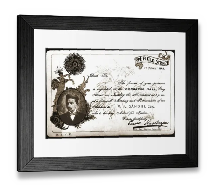Framed Print : Invitation card for farewell meeting for Mohandas Gandhi, South Africa, October 12, 1901, Africa