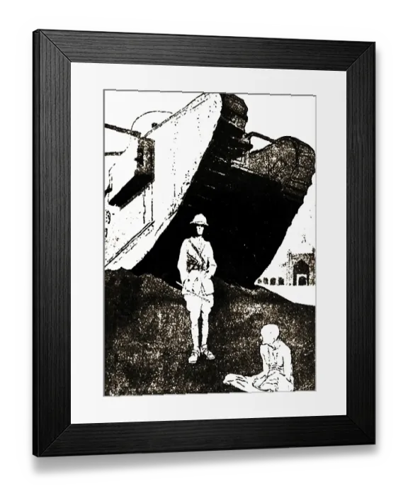 Framed Print : Mahatma Gandhi and British Soldier with Army tank in newspaper, Germany, 1930, Europe