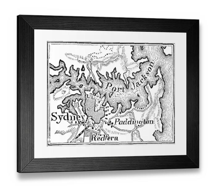 Framed Print : Topographic map of Sydney and environs, 19th century, Port Jackson, Paddington, Redfern, roads, railway, mountains, travel, Australia, historical illustration 1888, Oceania