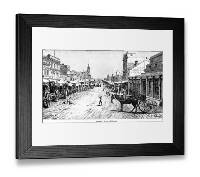 Framed Print : Hustle and bustle in Swanston Street in Melbourne city centre, 19th century, dirt road, hackney carriages, church, travel, Australia, historical illustration 1888, Oceania