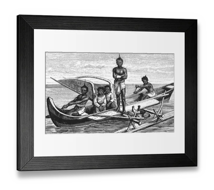 Framed Print : Dugout canoe with boom, building material is a hollowed-out trunk of the breadfruit tree, native men rowing, transport of chickens, climate change, threat from rising sea levels, tropics, Republic of the Mashall Islands in the western Pacific