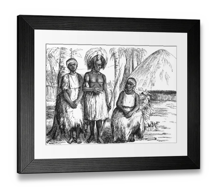 Framed Print : Portrait of Samoans in national traditional costume in front of their traditional round houses, two women, one man, headdress, necklace, barefoot, spear, tropical palm trees, archipelago in the Pacific, travelling, Samoa, Polynesia