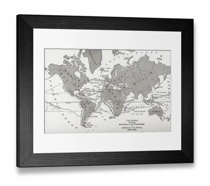 Framed Print : World Map showing routes of navigators to America and India