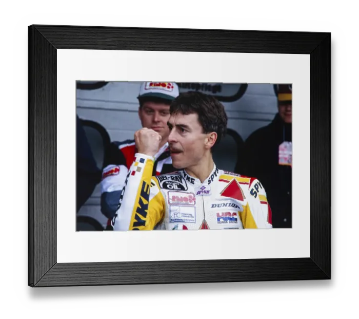 Framed Print : Dirk Raudies (DEU), winner's fist, Motorcycle World Championship, yellow Honda 125, winner of the German GP, Hockenheimring, 12 June 1994