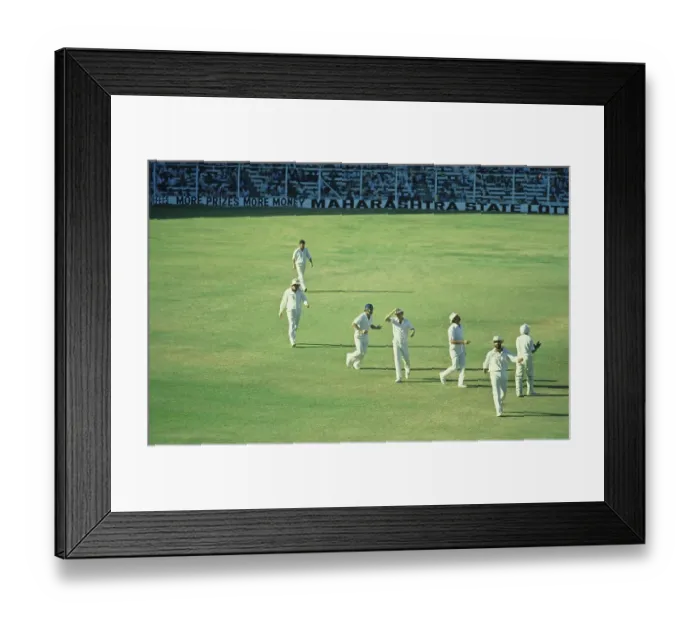Framed Print : Happy English players on getting a wicket - India - England Cricket Match at Wankhede Stadium, Bombay, Maharashtra, India February 1980 Framed Print : Happy English players on getting a wicket - India - England Cricket Match at Wankhede Stadium, Bombay, Maharashtra, India February 1980