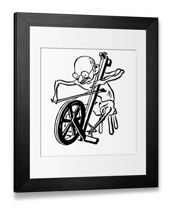 Framed Print : Cartoon of Mahatma Gandhi with Plying the wheel Framed Print : Cartoon of Mahatma Gandhi with Plying the wheel