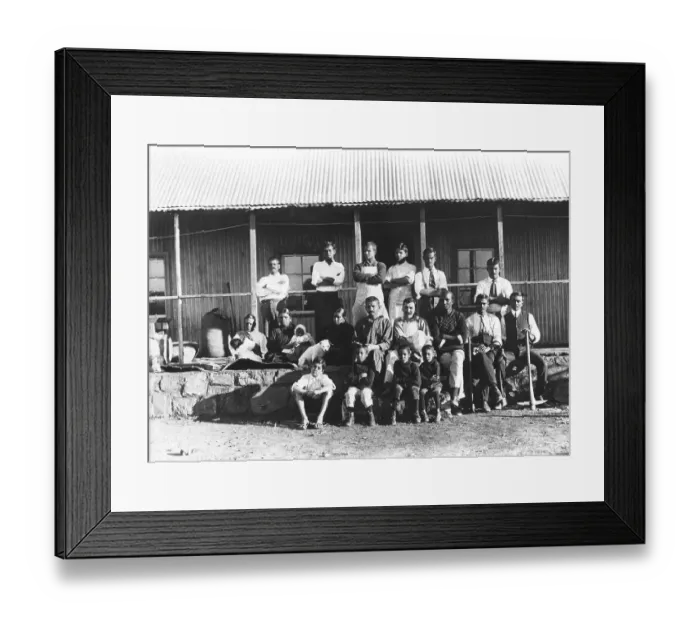 Framed Print : Pioneer settlers of Tolstoy Farm, South Africa, 1910, Center: Gandhi and Dr. Hermann Kallenbach, Africa Framed Print : Pioneer settlers of Tolstoy Farm, South Africa, 1910, Center: Gandhi and Dr. Hermann Kallenbach, Africa