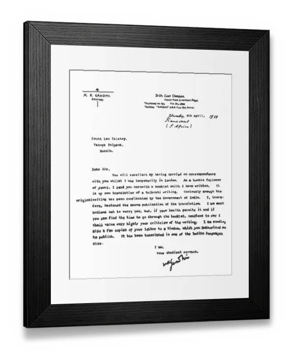 Framed Print : Mahatma Gandhi's letter to Russian writer Count Leo Tolstoy, April 4, 1910