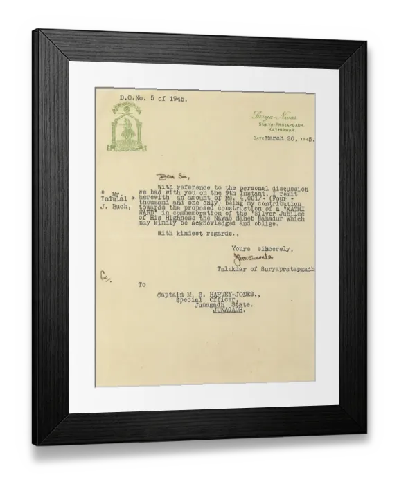 Framed Print : Letter head with royal seal or Coat of Arms 20 / iii / 1945, Surya Pratapgadh, Saurashtra, Gujarat, India, Asia