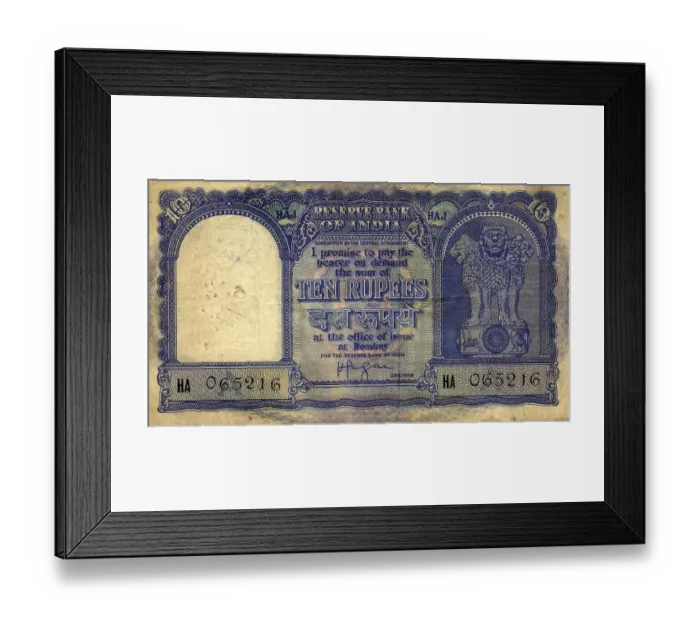 Framed Print : Rupees 10May1959 to early 1960's, Republic India, These notes were payable at Bombay office of issue They had prefix HA for serial number, and the words HAJ added in the design These notes were issued to Indian Haj Pilgrims