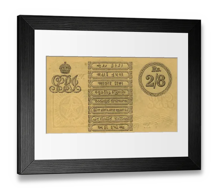 Framed Print : Rupees 2 and Annas 8, Rs 2 & ? 1918 to 1926, British India A very rare bank note in this denomination with the portrait of King George V, issued at Calcutta circle, India, Asia
