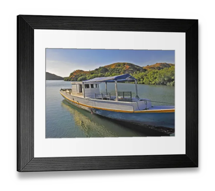 Framed Print : Simple typical wooden boat at the jetty, Rinca Island, Loh Buaya, Komodo National Park, Indonesia, Asia