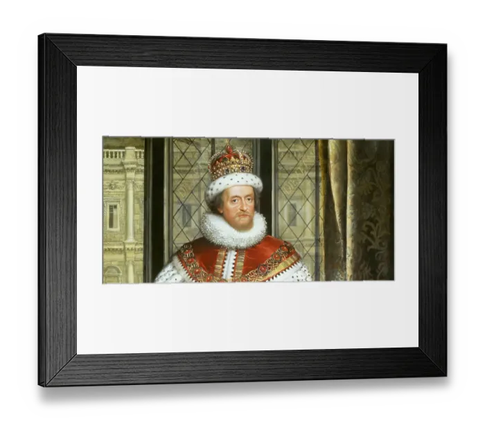Framed Print : James VI and I, James Charles Stuart, 1566 - 1625, King of England, Scotland and Ireland, digitally edited after a painting by Paul van Somer, 1620
