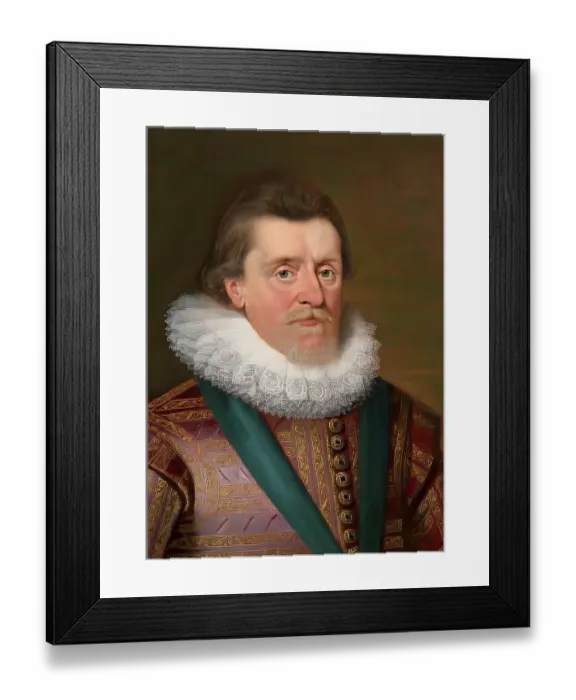 Framed Print : James VI and I, James Charles Stuart, 1566 - 1625, King of England, Scotland and Ireland, digitally edited after a painting by Paul van Somer