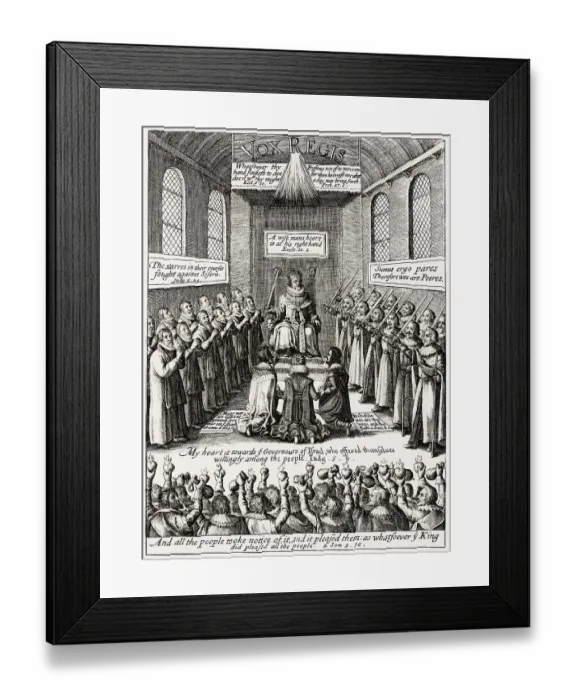 Framed Print : Sitting on the throne in parliament, James VI and I, James Charles Stuart, 1566 - 1625, King of England, Scotland and Ireland, digitally edited