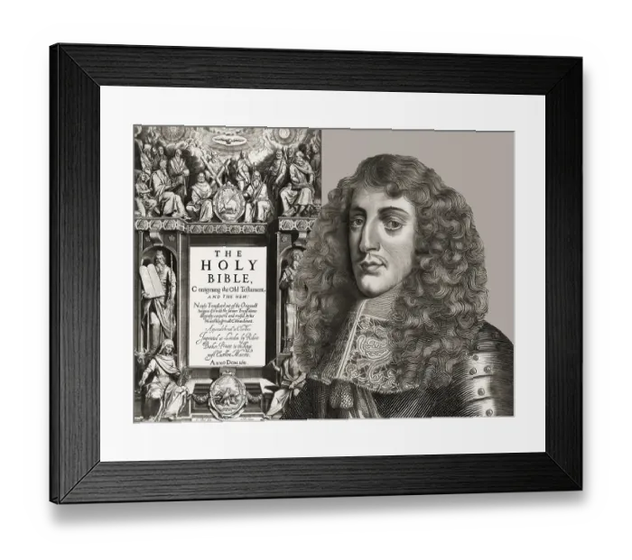 Framed Print : James VI and I, James Charles Stuart, 1566 - 1625, King of England, Scotland and Ireland, Frontispiece to the King James Bible, 1611, digitally edited