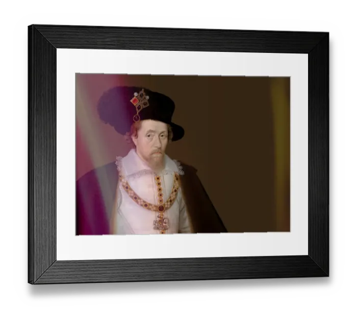 Framed Print : James VI and I, James Charles Stuart, 1566 - 1625, King of England, Scotland and Ireland, digitally edited after a painting by John de Critz Framed Print : James VI and I, James Charles Stuart, 1566 - 1625, King of England, Scotland and Ireland, digitally edited after a painting by John de Critz