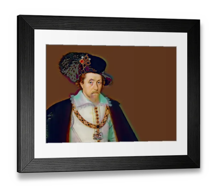 Framed Print : James VI and I, James Charles Stuart, 1566 - 1625, King of England, Scotland and Ireland, digitally edited after a painting by John de Critz