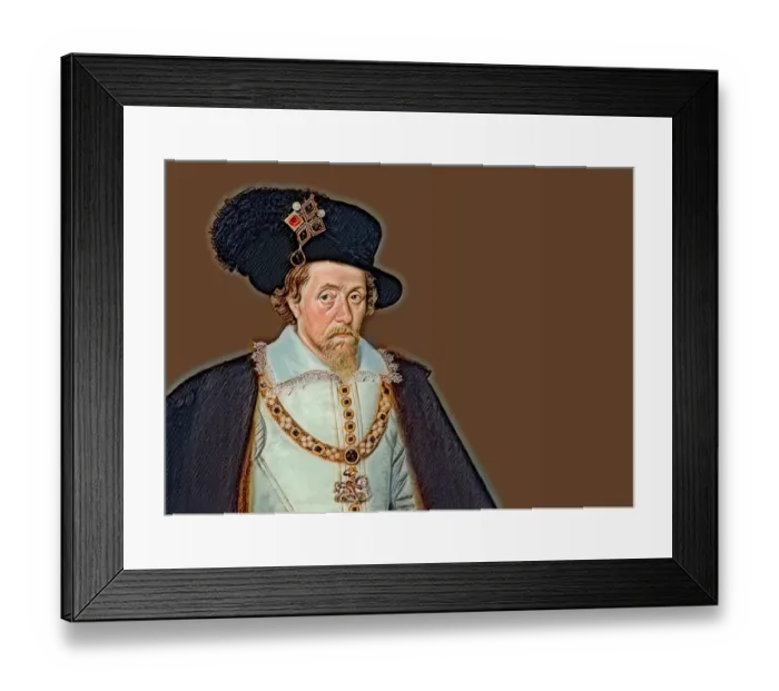 Framed Print : James VI and I, James Charles Stuart, 1566 - 1625, King of England, Scotland and Ireland, digitally edited after a painting by John de Critz