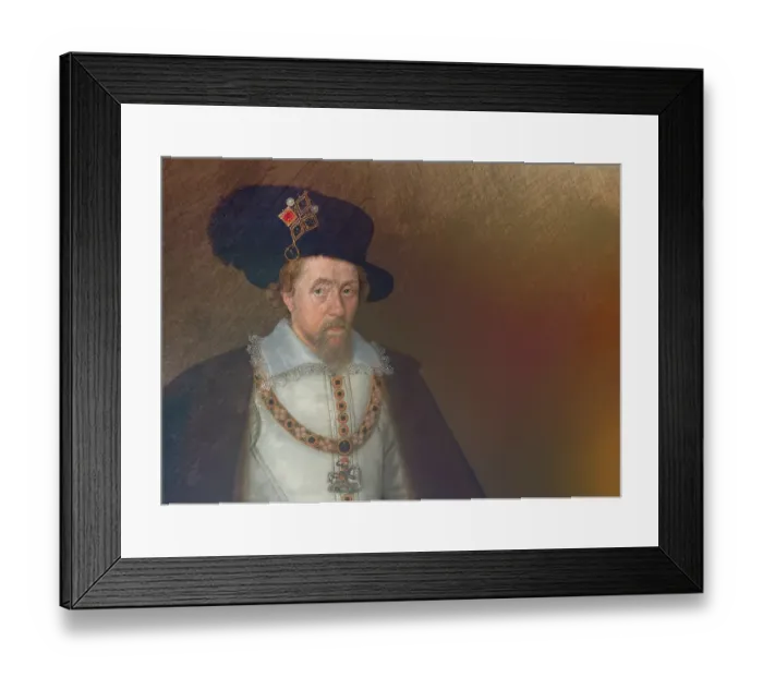 Framed Print : James VI and I, James Charles Stuart, 1566 - 1625, King of England, Scotland and Ireland, digitally edited after a painting by John de Critz