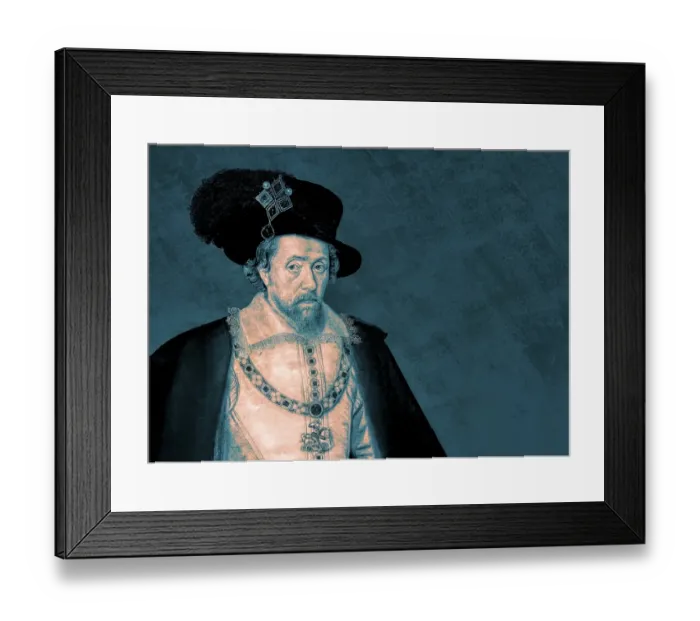 Framed Print : James VI and I, James Charles Stuart, 1566 - 1625, King of England, Scotland and Ireland, digitally edited after a painting by John de Critz