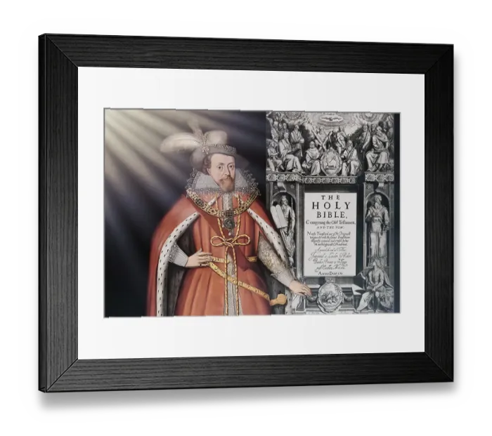 Framed Print : James VI and I, James Charles Stuart, 1566 - 1625, King of England, Scotland and Ireland, Frontispiece to the King James Bible, 1611, digitally edited Framed Print : James VI and I, James Charles Stuart, 1566 - 1625, King of England, Scotland and Ireland, Frontispiece to the King James Bible, 1611, digitally edited